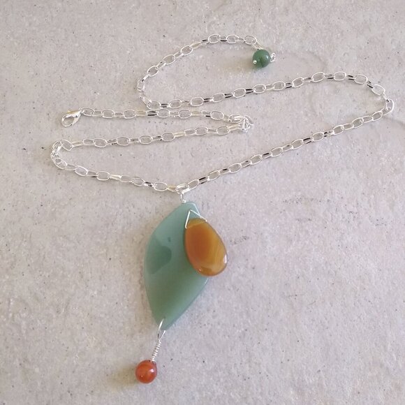 Handmade Statement Necklace - Orange Agate & Green Aventurine - Boho Tropical - Picture 2 of 10